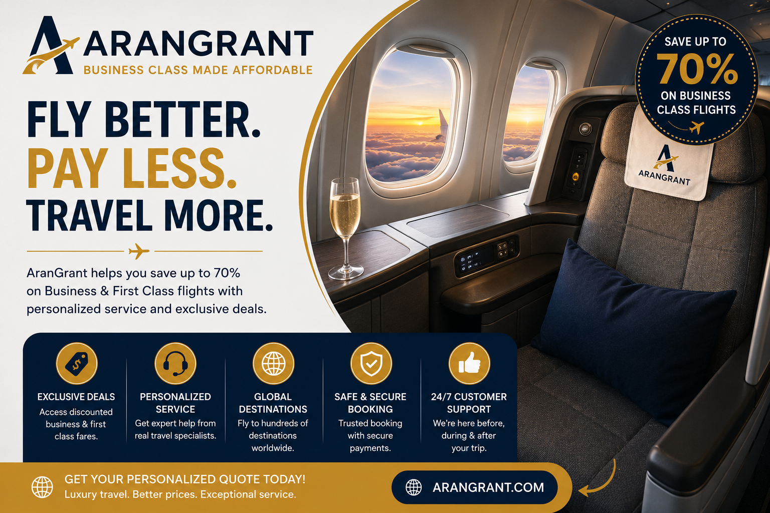 AranGrant Review showing discounted business class flights and premium travel booking service