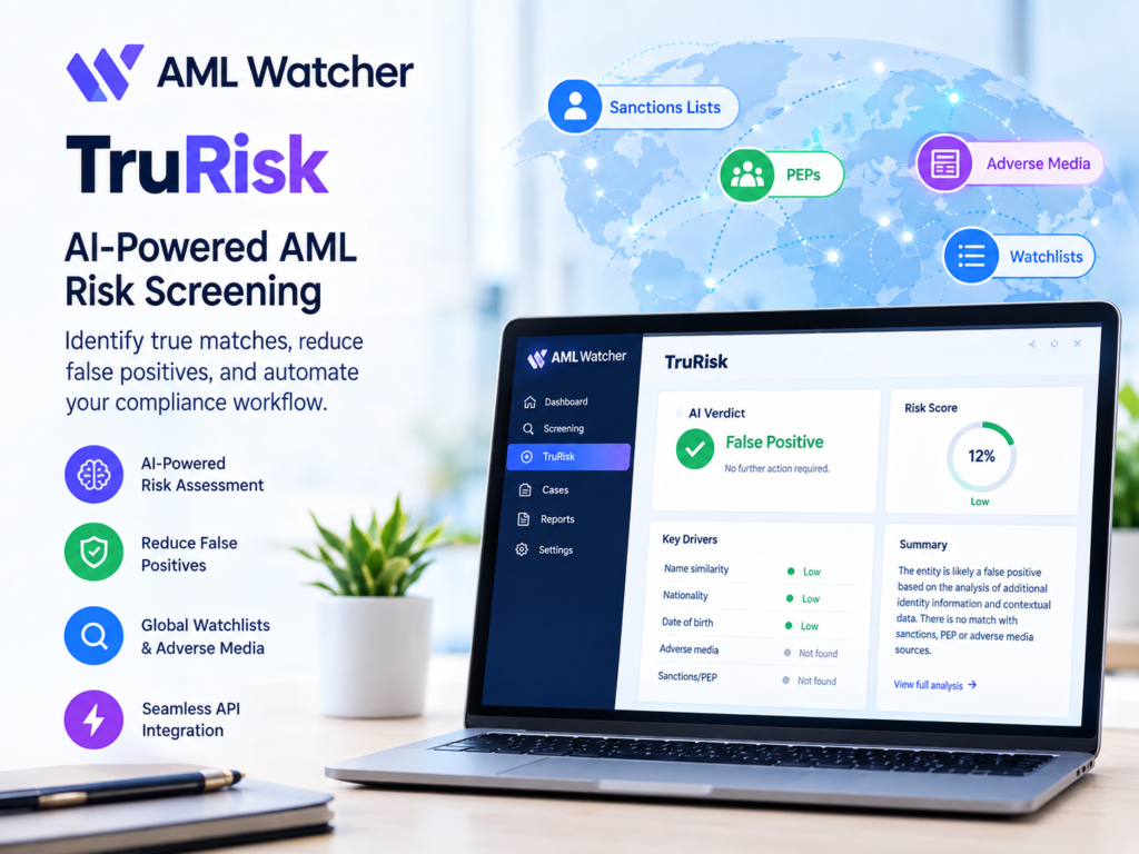 Text: AML Watcher TruRisk AI-powered AML risk screening