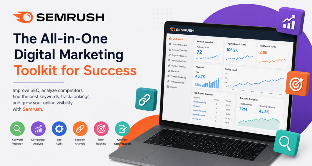 Semrush SEO tools for keyword research, competitor analysis, and website optimization